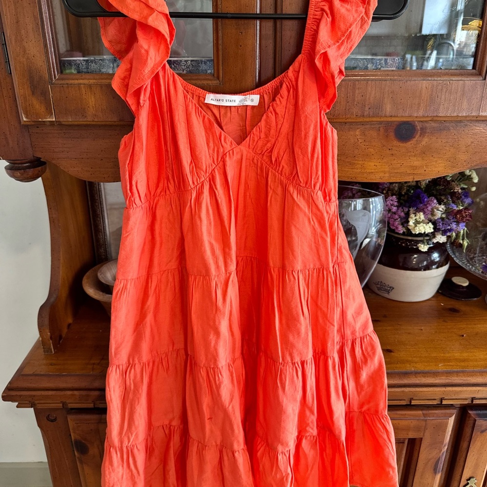 Altar'd State Coral Tiered Ruffle Sleeve Dress